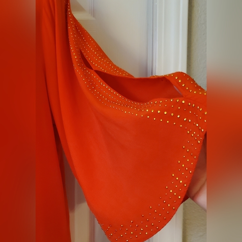 Jennifer Lopez Orange Blouse Gold Studded Detail 3/4 Cold Shoulder Sleeve Size L - Picture 3 of 9